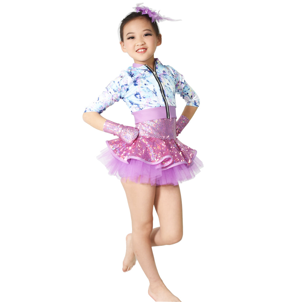 Girls Jazz Dance Outfits Biketard Sequins Army Print Jacket