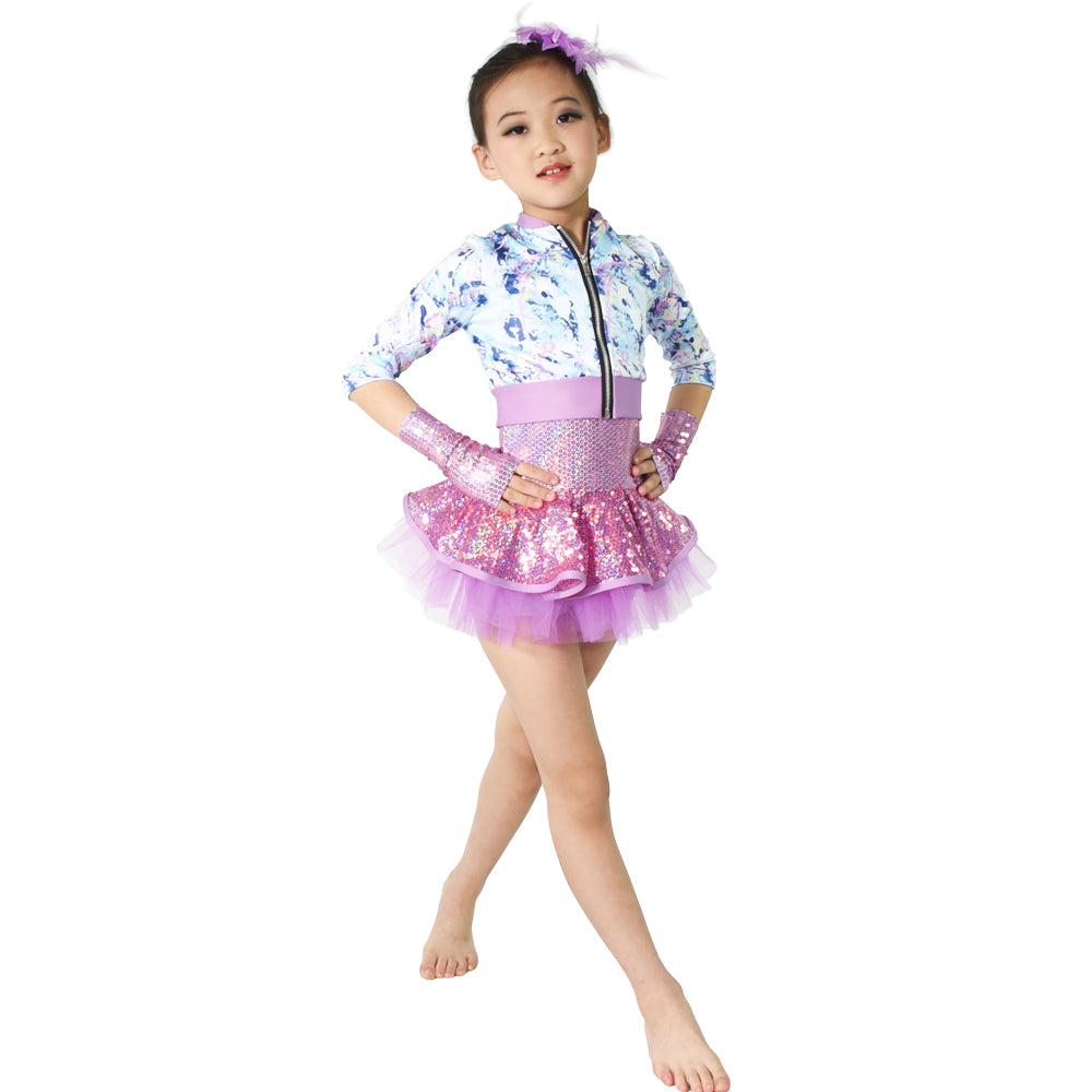 Girls Jazz Dance Outfits Biketard Sequins Army Print Jacket