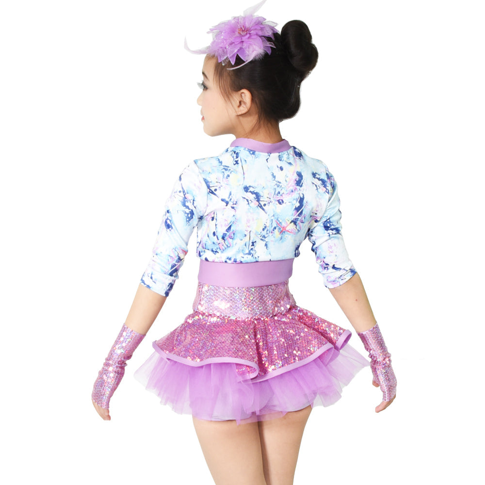 Girls Jazz Dance Outfits Biketard Sequins Army Print Jacket