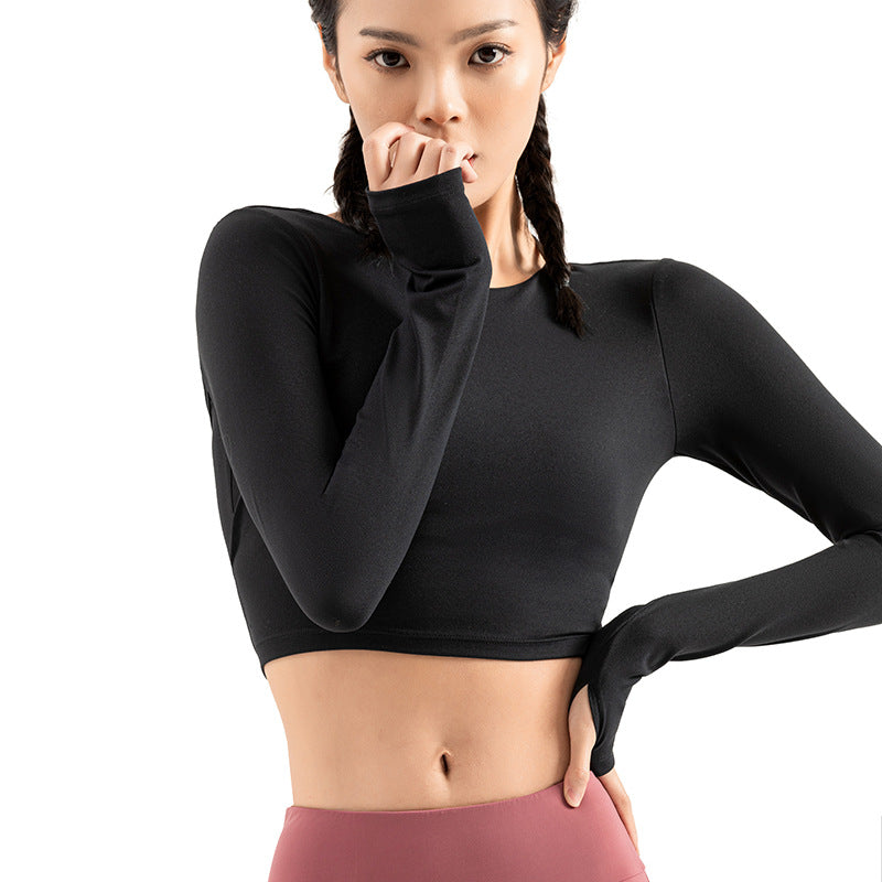 Close Fitting Open Back Sports Crop T-shirt Long Sleeve