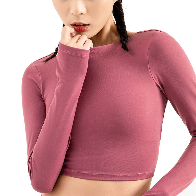Close Fitting Open Back Sports Crop T-shirt Long Sleeve