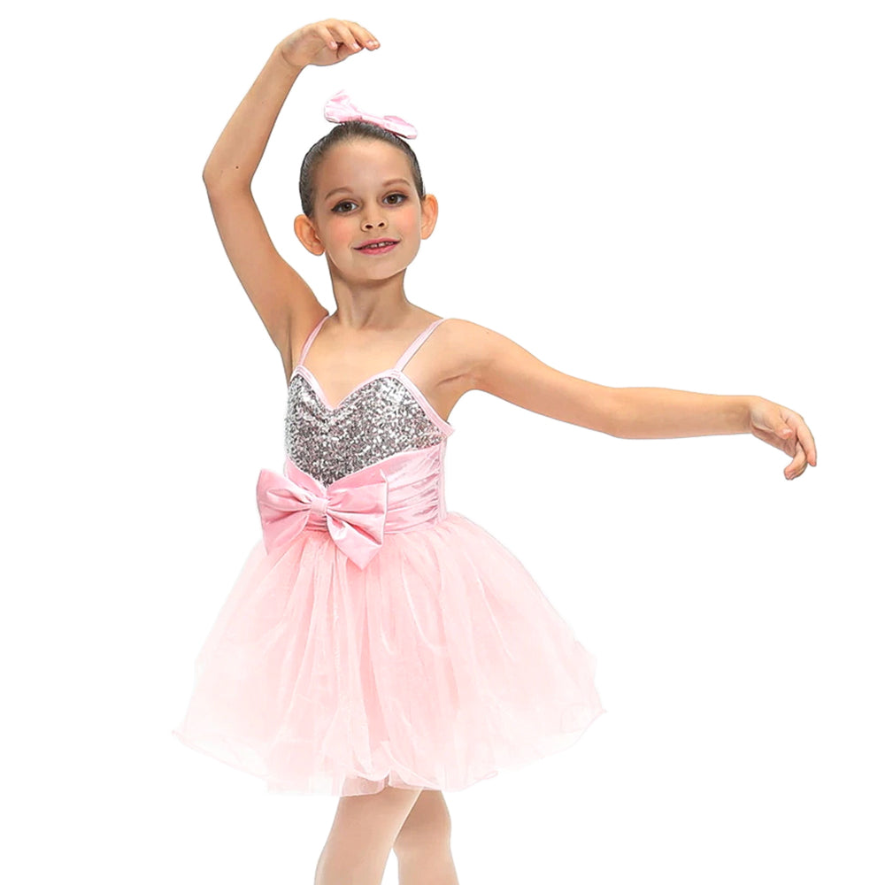 Pink Bow Tutu Ballet Dress Gril Kid Silver Sequin Princess Dress Flower Dance Competition Performance Stage Dance Costume – MiDee Dance Costume