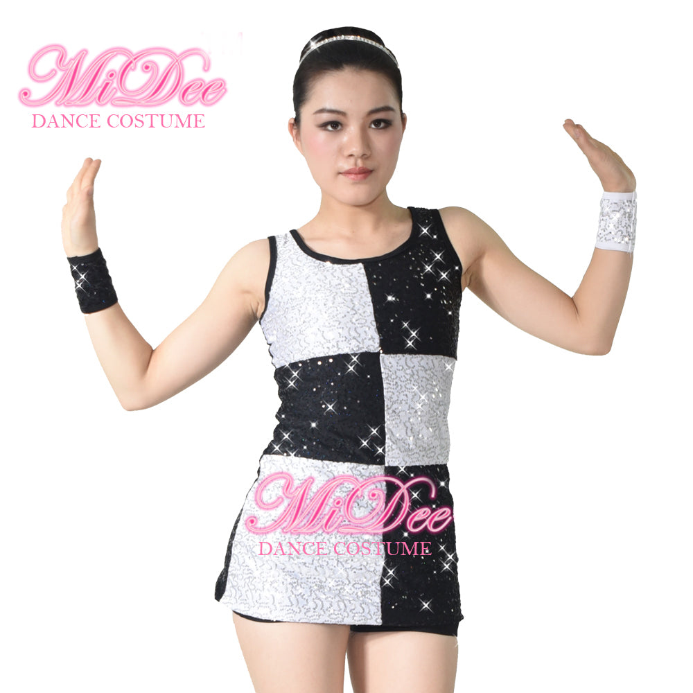 Contrast Color Jazz Dance Dress Girl Women Contemporary Jazz Tap Stage Dance  Costume Modern Hip-Hop Competition Dance Wear White Black Two-tone Sequin  Dress – MiDee Dance Costume