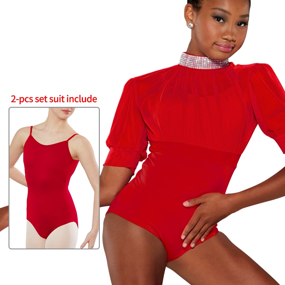 Rhinestone Crop Top & Leotards 2 Piece Outfits