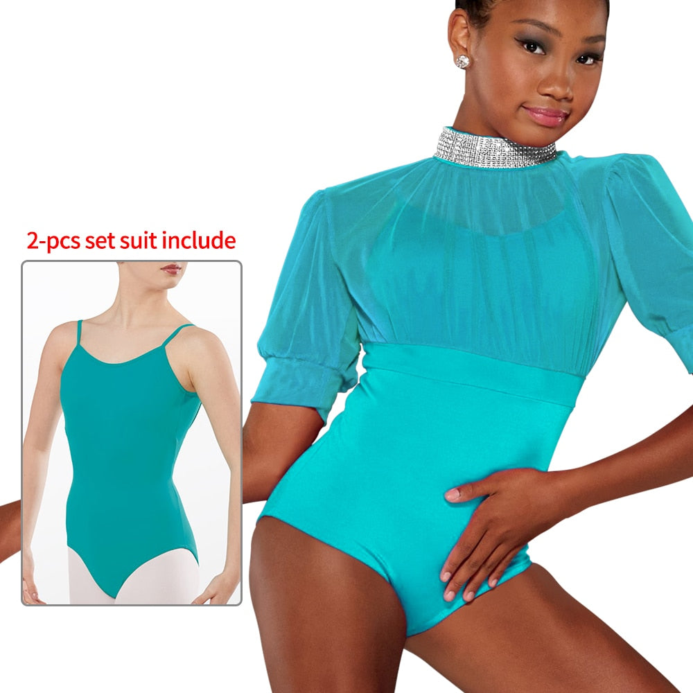 Rhinestone Crop Top & Leotards 2 Piece Outfits