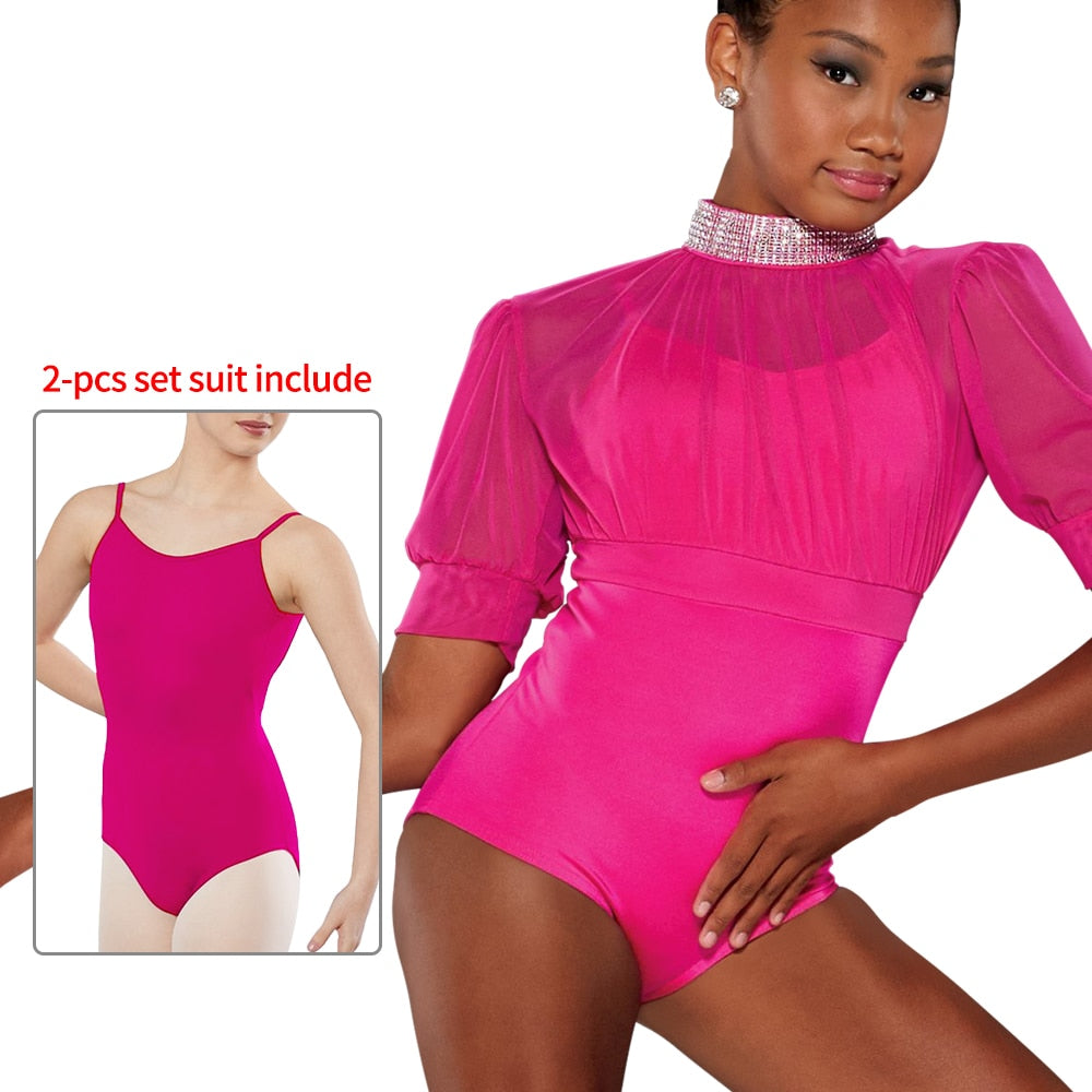 Rhinestone Crop Top & Leotards 2 Piece Outfits