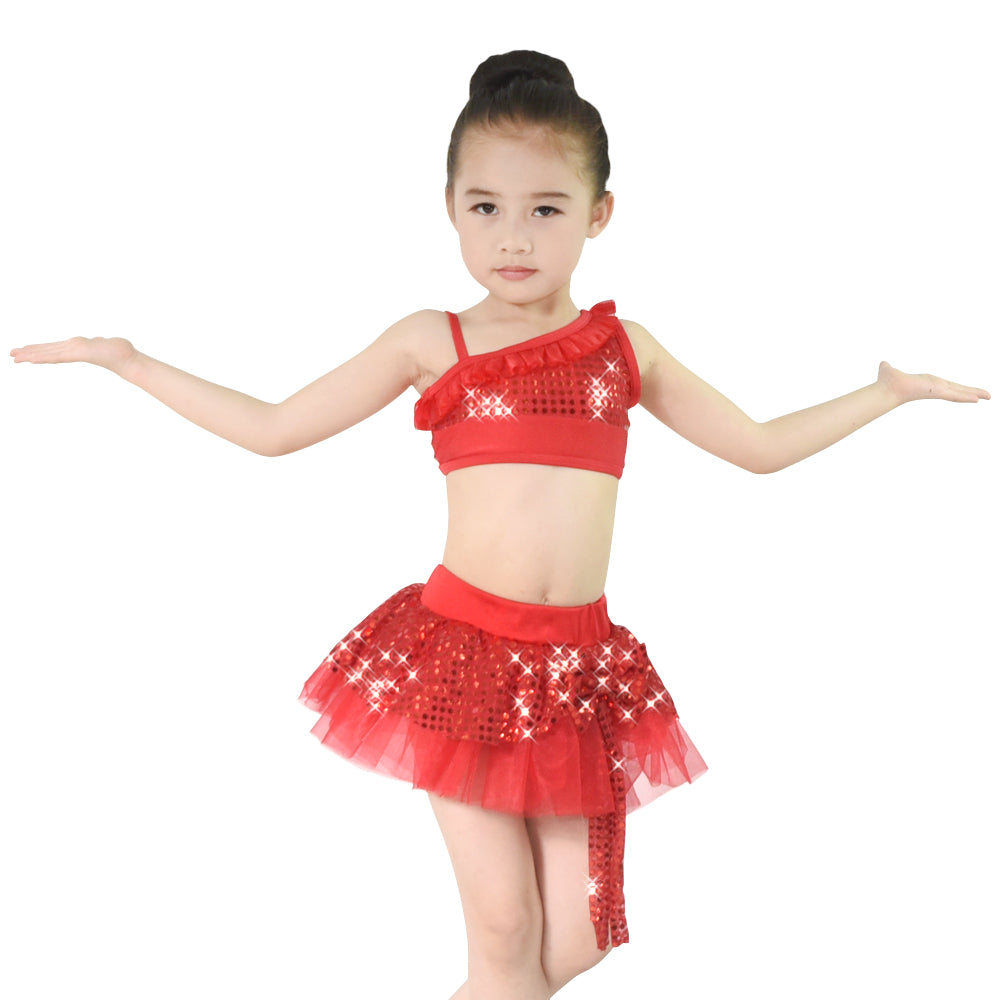 Girls Lovely Sequins Dance Pcs Outfits Ruffles Around Neck One Shoulder Sleeveless Crop Top Tutu Skirt Kids Jazz Dance Wear Performance Competition