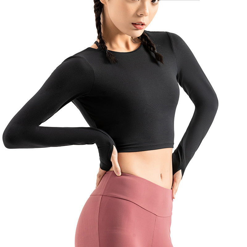 Close Fitting Open Back Sports Crop T-shirt Long Sleeve