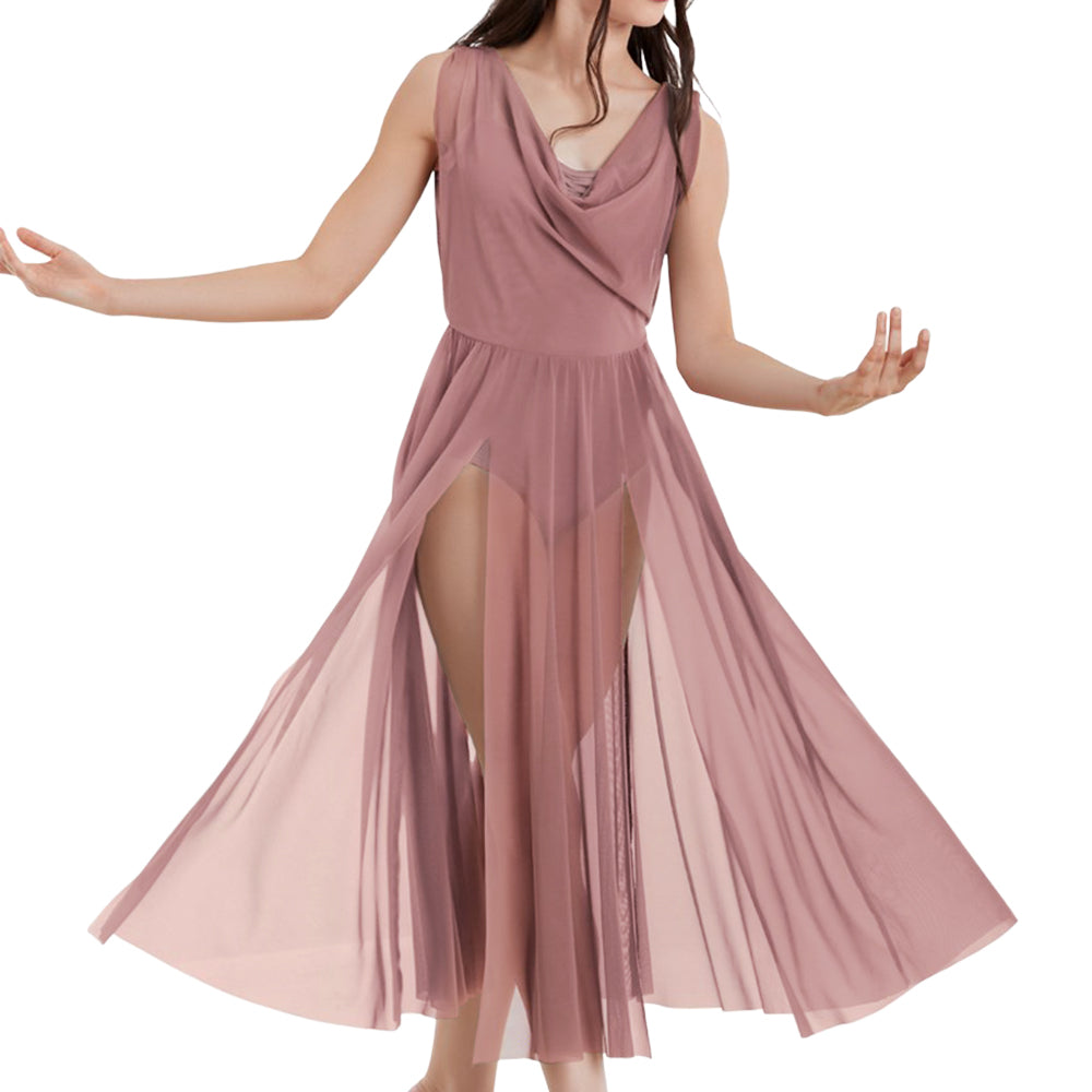 MiDee Modern Dance long Dress Women Adult Deep V Leotards Dresses Costume Mesh Contemporary Competition Performance dance clothes Girls party Evening Dress – MiDee Dance Costume