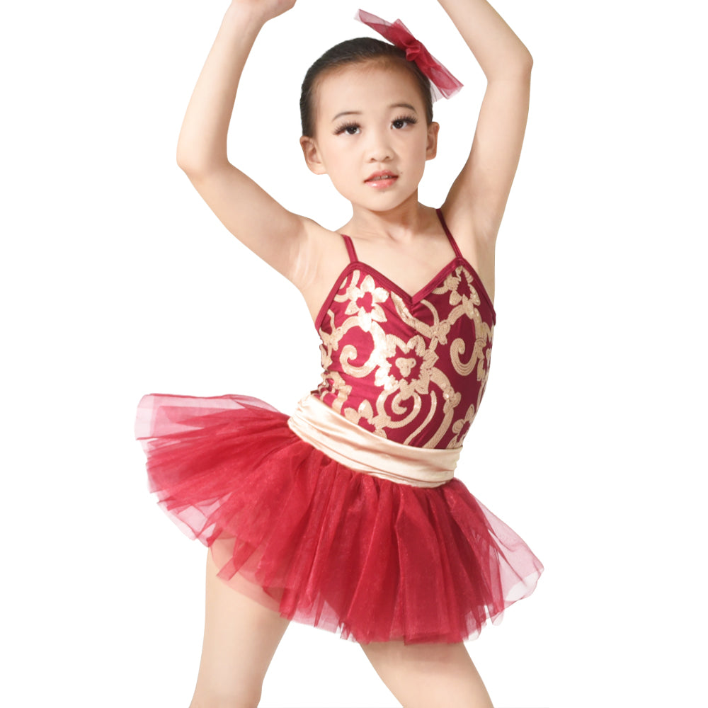 Floral Sequined Tutu Dress Dance Costume Performance Clothes for Girls