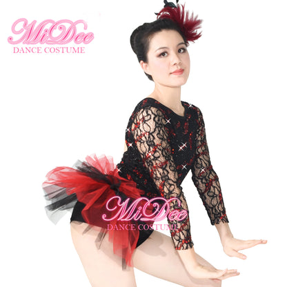 Red Lace Sequin Jazz Dance Wear Girl Women Contemporary Lyrical Dance Outfit Adult Competition Performance Stage Dance Costume 2 Piece Set – MiDee Dance Costume