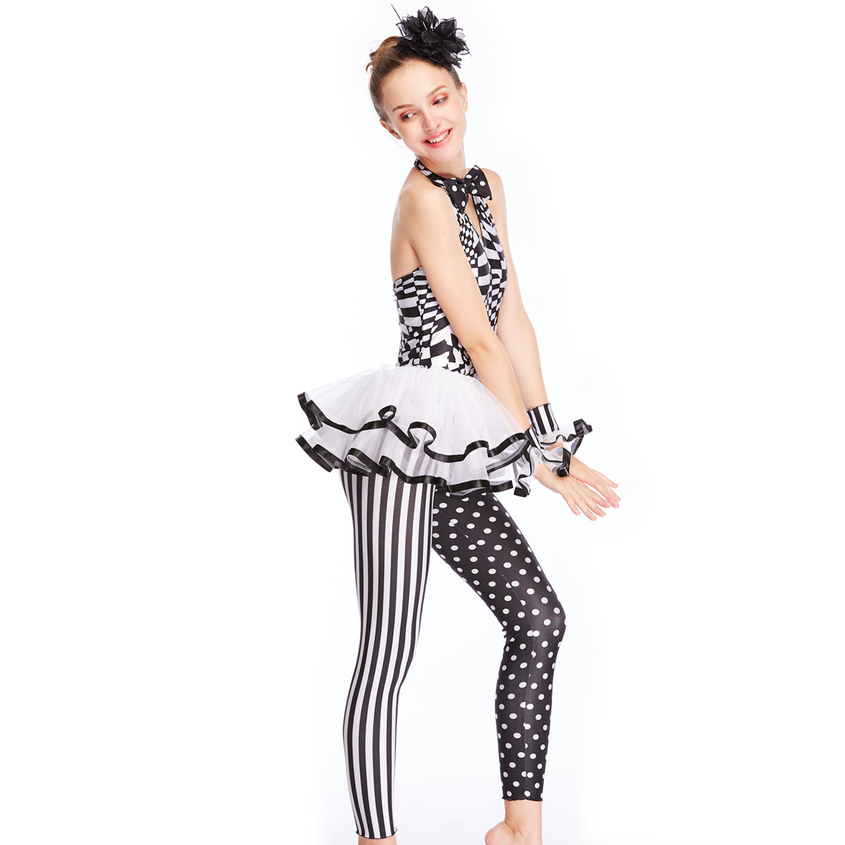 black and white clown dress Makeup Transformation for Halloween adjustable at the back with a ribbon Clown Cosplay Black White Jumpsuit