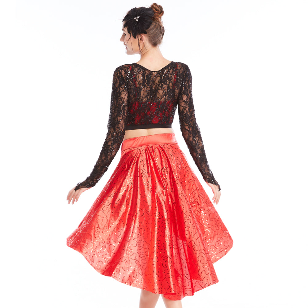 Lace Sequined Long-Sleeves Dance Dress 2 piece Outfits Crop Lace Top Red Sequin Dance Dress Ballroom Stage Performance Compertition Dance Wear – MiDee Dance Costume
