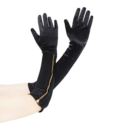 Black Velvet Full Fingers Gloves Zipper Style
