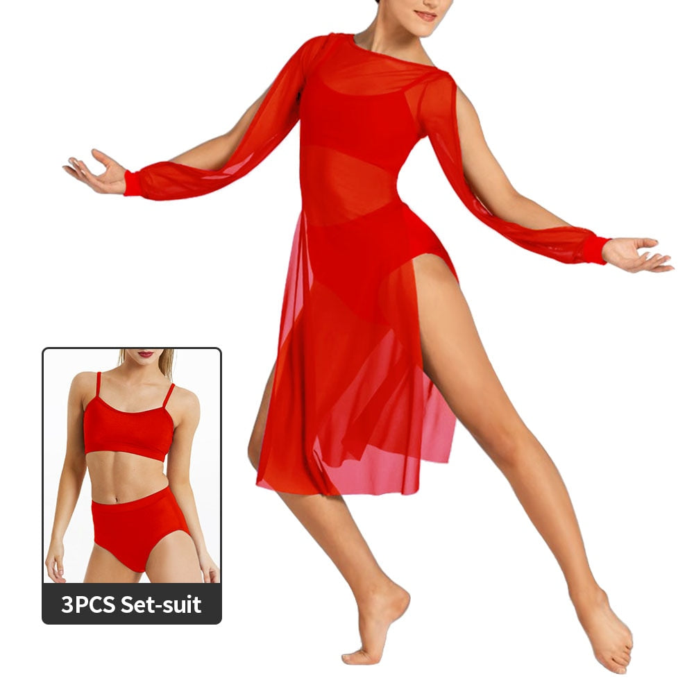 Long Splits Sleeves Mesh Dance Dress Outfits Long Splits Sleeves Mesh Dance Dress Outfits