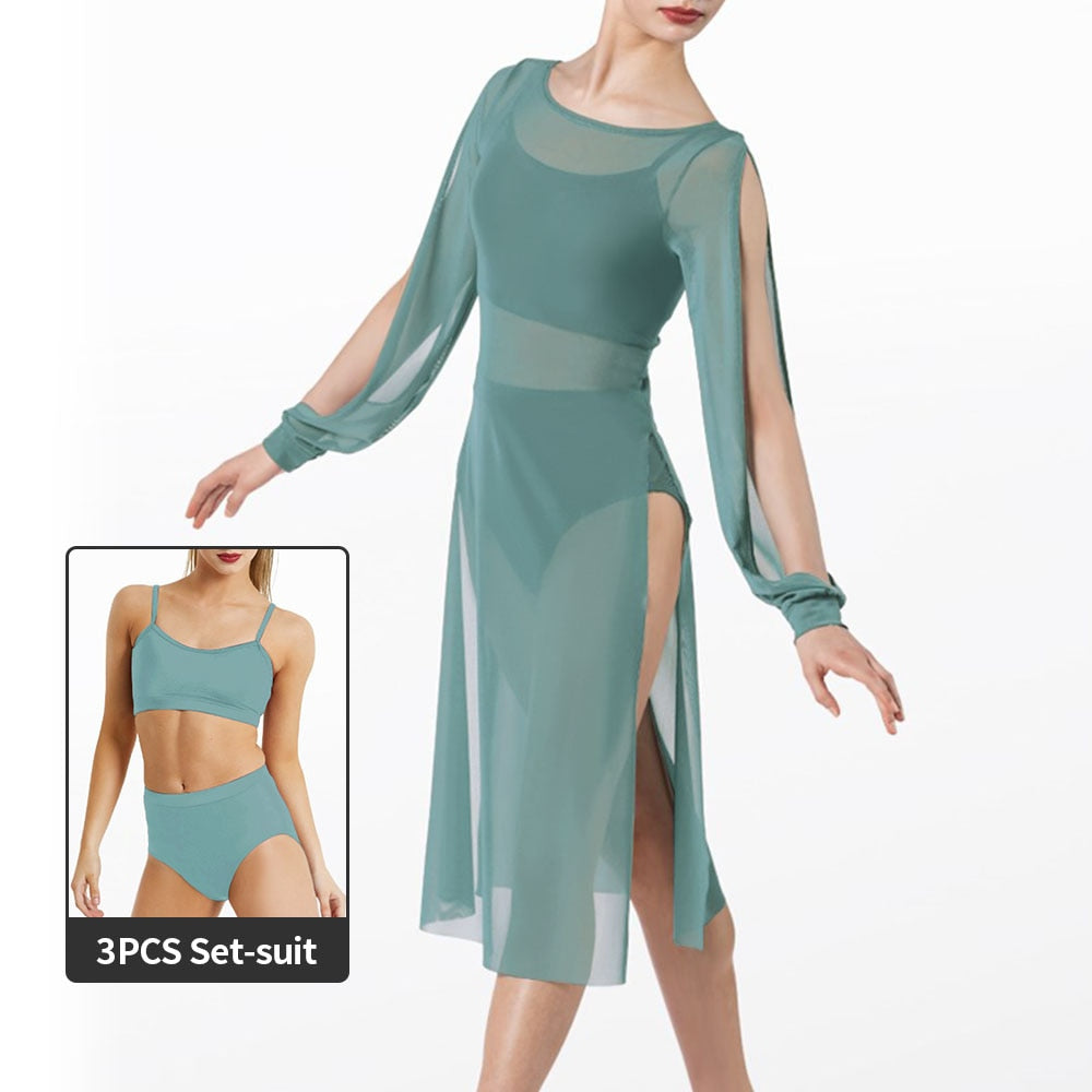 mesh overlay dress dance costume Long Splits Sleeves Mesh Dance Dress Outfits