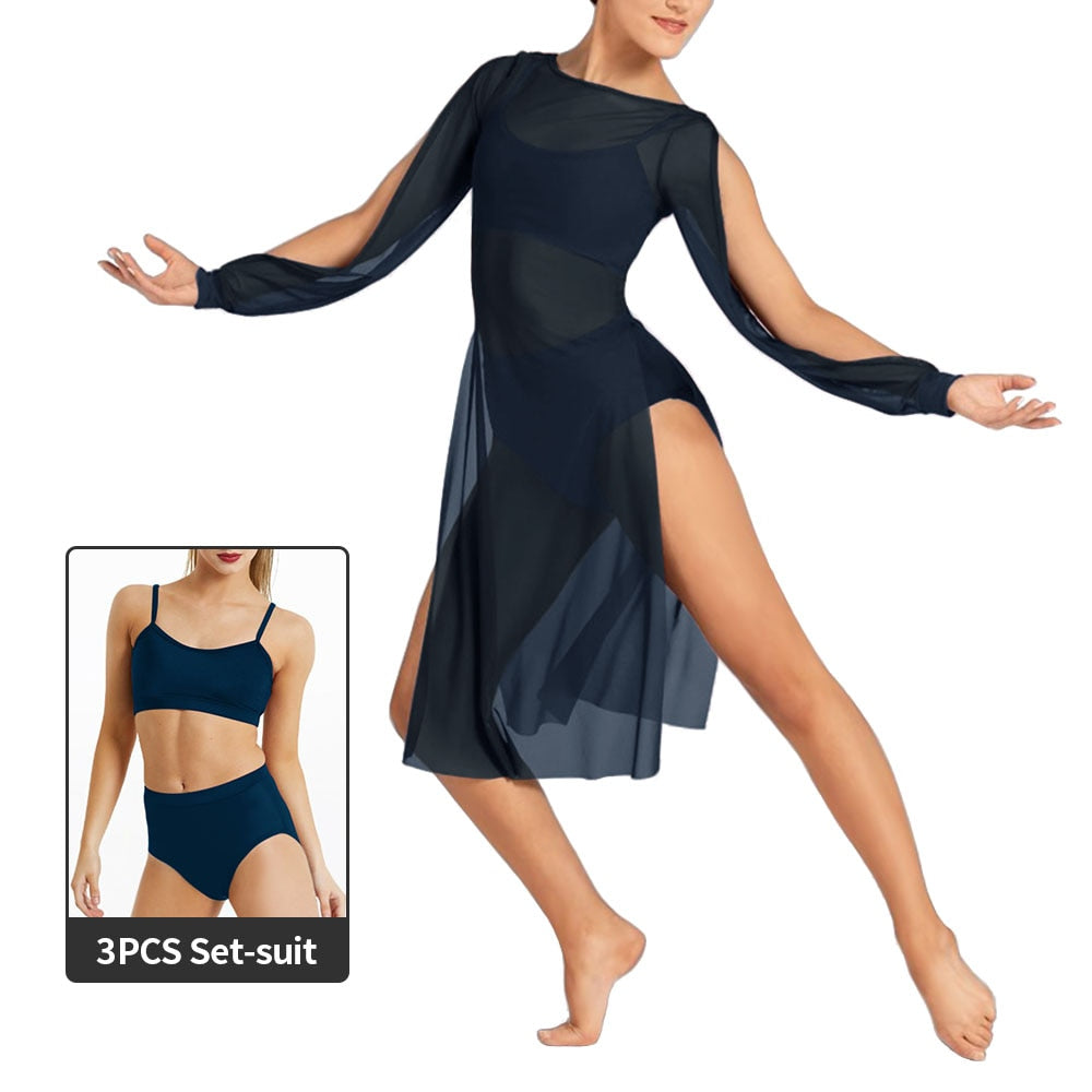 black mesh dance dress Aislor Women's Contemporary Dance Costume Sheer Mesh Ballet Lyrical Dress Dancewear Black M